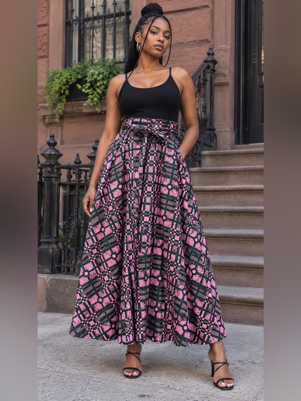 Handmade Pink Green African Wax Print High Waist Maxi Skirt Waist Tie Small